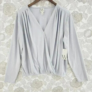 Worthington Light Gray Surplice Long-Sleeve Blouse